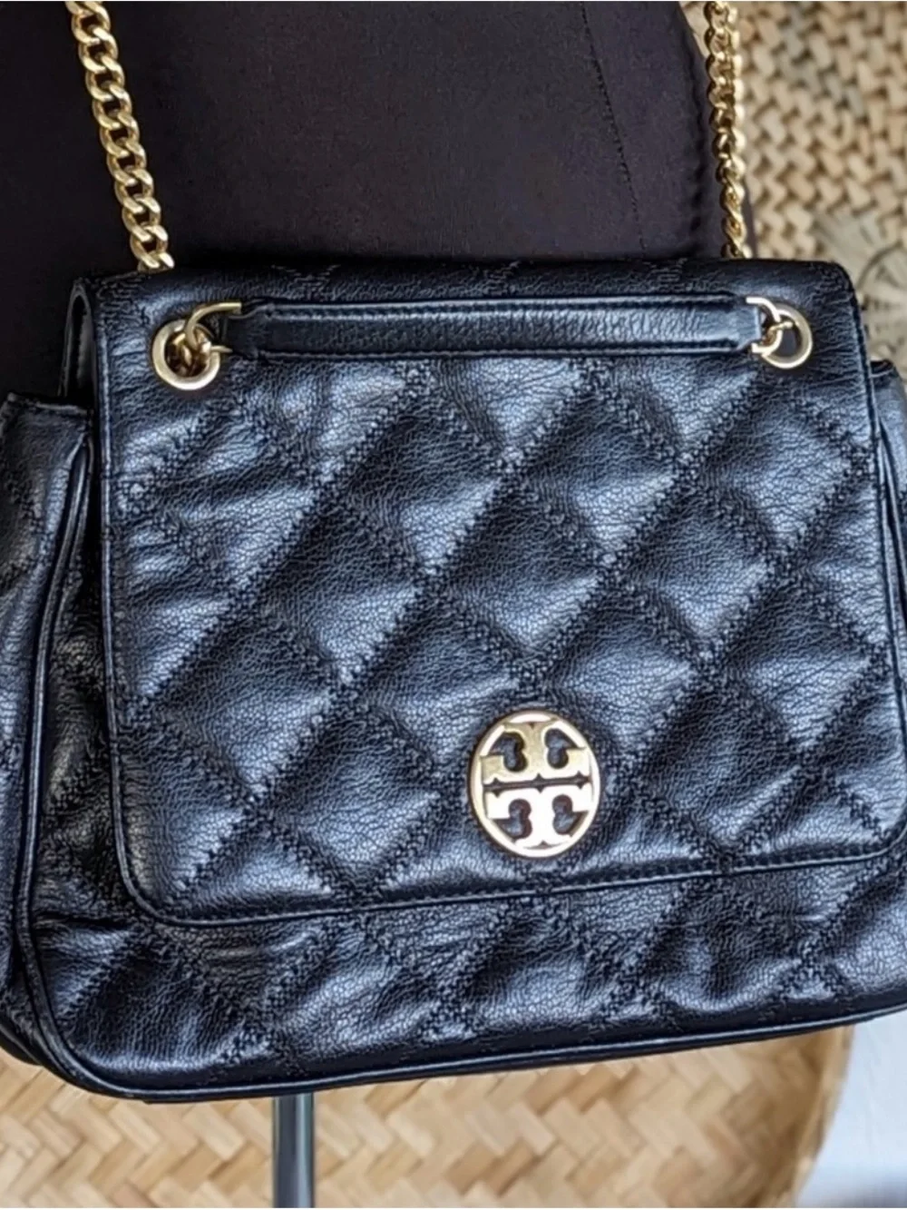 Tory Burch Black Quilted Leather Shoulder Bag with Gold Chain